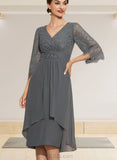 Sue Sheath/Column V-neck Knee-Length Chiffon Lace Mother of the Bride Dress With Beading Cascading Ruffles UKP0014930