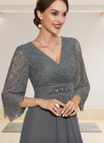 Sue Sheath/Column V-neck Knee-Length Chiffon Lace Mother of the Bride Dress With Beading Cascading Ruffles UKP0014930