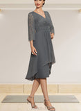 Sue Sheath/Column V-neck Knee-Length Chiffon Lace Mother of the Bride Dress With Beading Cascading Ruffles UKP0014930