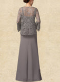 Gia Sheath/Column Square Neckline Floor-Length Chiffon Lace Mother of the Bride Dress UKP0014936