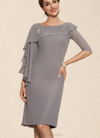 Savanna Sheath/Column Scoop Neck Knee-Length Chiffon Mother of the Bride Dress With Crystal Brooch Cascading Ruffles UKP0014943