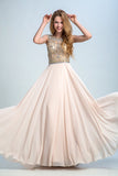 Prom Dresses A-Line Scoop Beaded Bodice Floor-Length Chiffon Zipper Back