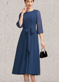 Poll A-Line Scoop Neck Tea-Length Chiffon Mother of the Bride Dress With Ruffle Bow(s) UKP0014954