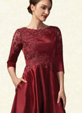 Shirley A-Line Scoop Neck Asymmetrical Satin Lace Mother of the Bride Dress With Sequins Pockets UKP0014962