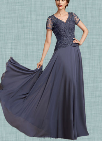 Addison A-Line V-neck Floor-Length Chiffon Lace Mother of the Bride Dress With Sequins UKP0014964