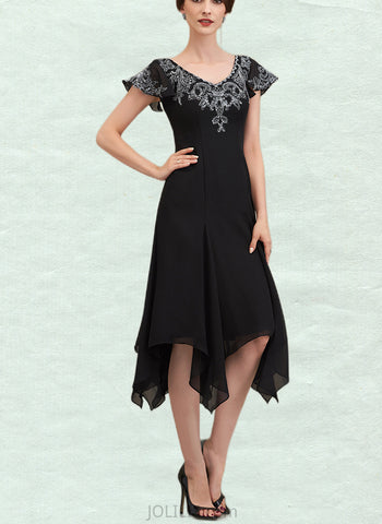 Amelia A-Line V-neck Tea-Length Chiffon Lace Mother of the Bride Dress With Sequins UKP0014967