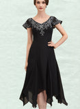 Amelia A-Line V-neck Tea-Length Chiffon Lace Mother of the Bride Dress With Sequins UKP0014967