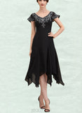 Amelia A-Line V-neck Tea-Length Chiffon Lace Mother of the Bride Dress With Sequins UKP0014967