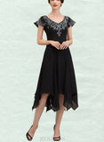 Amelia A-Line V-neck Tea-Length Chiffon Lace Mother of the Bride Dress With Sequins UKP0014967