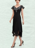 Amelia A-Line V-neck Tea-Length Chiffon Lace Mother of the Bride Dress With Sequins UKP0014967