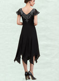 Amelia A-Line V-neck Tea-Length Chiffon Lace Mother of the Bride Dress With Sequins UKP0014967