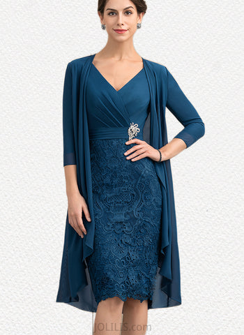 Salma Sheath/Column V-neck Knee-Length Chiffon Lace Mother of the Bride Dress With Crystal Brooch UKP0014972