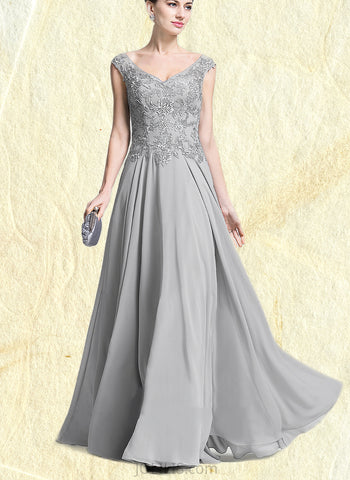 Aiyana A-Line V-neck Floor-Length Chiffon Mother of the Bride Dress With Appliques Lace UKP0014974