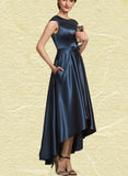 Karlee A-Line Scoop Neck Asymmetrical Satin Mother of the Bride Dress With Bow(s) Pockets UKP0014976