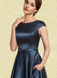 Karlee A-Line Scoop Neck Asymmetrical Satin Mother of the Bride Dress With Bow(s) Pockets UKP0014976