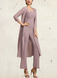 Mira Jumpsuit/Pantsuit Square Neckline Ankle-Length Chiffon Mother of the Bride Dress With Ruffle UKP0014984