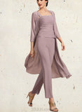 Mira Jumpsuit/Pantsuit Square Neckline Ankle-Length Chiffon Mother of the Bride Dress With Ruffle UKP0014984