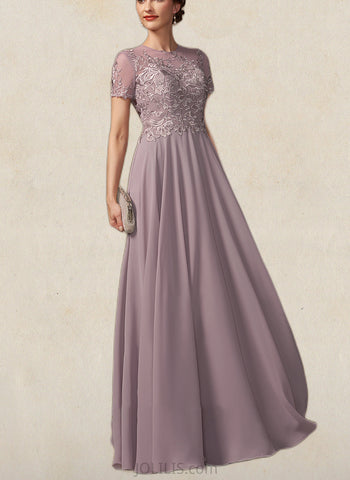 Kaila A-Line Scoop Neck Floor-Length Chiffon Lace Mother of the Bride Dress With Beading Sequins UKP0014987