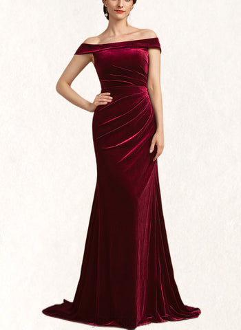 Aspen Trumpet/Mermaid Off-the-Shoulder Sweep Train Velvet Mother of the Bride Dress With Ruffle UKP0014988