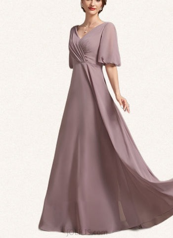 Louisa A-Line V-neck Floor-Length Chiffon Mother of the Bride Dress With Ruffle UKP0014992