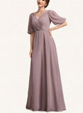 Louisa A-Line V-neck Floor-Length Chiffon Mother of the Bride Dress With Ruffle UKP0014992