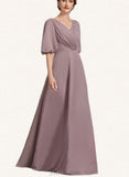 Louisa A-Line V-neck Floor-Length Chiffon Mother of the Bride Dress With Ruffle UKP0014992