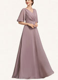 Louisa A-Line V-neck Floor-Length Chiffon Mother of the Bride Dress With Ruffle UKP0014992