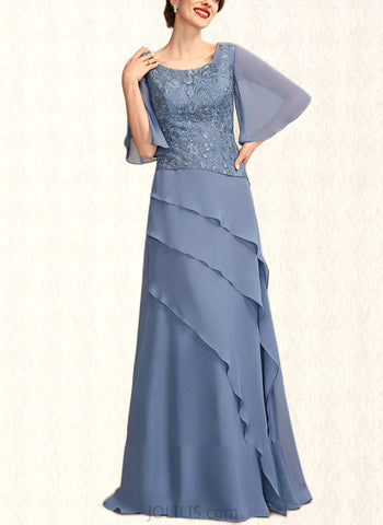 Penny A-Line Scoop Neck Floor-Length Chiffon Lace Mother of the Bride Dress With Sequins Cascading Ruffles UKP0014997