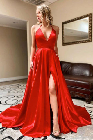 Simple Red V Neck A Line Satin Split Long Prom Dresses