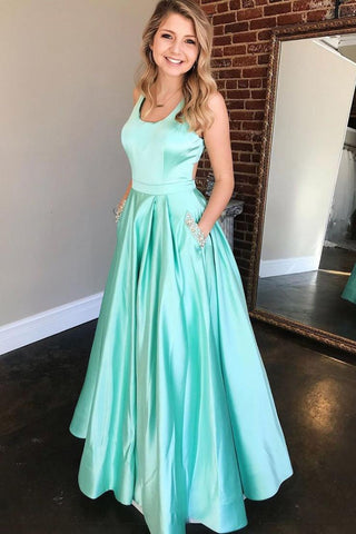 Simple Green Sleeveless Open Back Satin Long Evening Dresses