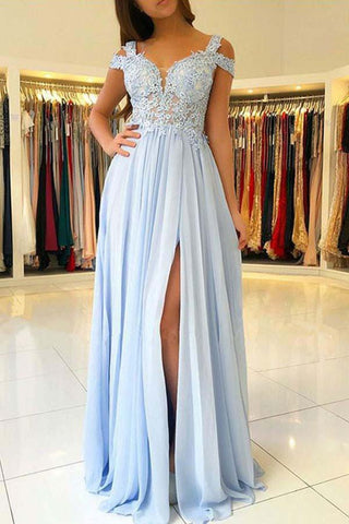 Delicate Chiffon A Line Open Back Lace Appliques Prom Dresses with Split