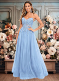 Samantha Ball-Gown/Princess V-Neck Floor-Length Tulle Prom Dresses With Sequins Appliques Lace JLP0025837