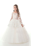 Tulle Boat Neck Flower Girl Dresses A Line Long Sleeves With Applique