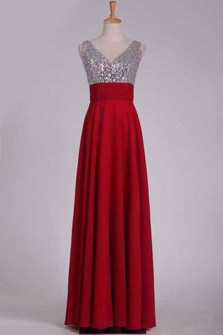 Prom Dresses V Neck Chiffon With Beading A Line Sweep Train