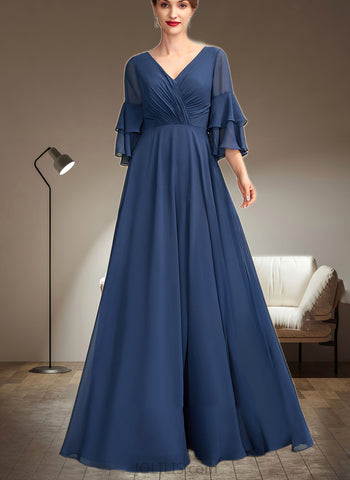 Shayla A-Line V-neck Floor-Length Chiffon Mother of the Bride Dress With Cascading Ruffles UKP0015003