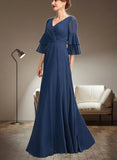 Shayla A-Line V-neck Floor-Length Chiffon Mother of the Bride Dress With Cascading Ruffles UKP0015003