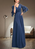 Shayla A-Line V-neck Floor-Length Chiffon Mother of the Bride Dress With Cascading Ruffles UKP0015003