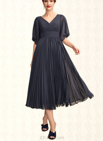 Sharon A-Line V-neck Tea-Length Chiffon Mother of the Bride Dress With Pleated UKP0015012