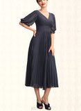 Sharon A-Line V-neck Tea-Length Chiffon Mother of the Bride Dress With Pleated UKP0015012