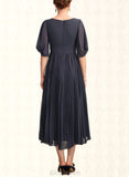 Sharon A-Line V-neck Tea-Length Chiffon Mother of the Bride Dress With Pleated UKP0015012