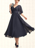 Sharon A-Line V-neck Tea-Length Chiffon Mother of the Bride Dress With Pleated UKP0015012