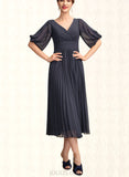 Sharon A-Line V-neck Tea-Length Chiffon Mother of the Bride Dress With Pleated UKP0015012