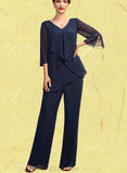 Maria Jumpsuit/Pantsuit V-neck Floor-Length Chiffon Mother of the Bride Dress With Cascading Ruffles UKP0015019