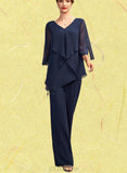 Maria Jumpsuit/Pantsuit V-neck Floor-Length Chiffon Mother of the Bride Dress With Cascading Ruffles UKP0015019