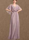 India A-Line V-neck Floor-Length Chiffon Mother of the Bride Dress With Ruffle UKP0015026