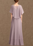 India A-Line V-neck Floor-Length Chiffon Mother of the Bride Dress With Ruffle UKP0015026