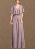 India A-Line V-neck Floor-Length Chiffon Mother of the Bride Dress With Ruffle UKP0015026