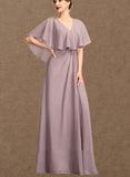 India A-Line V-neck Floor-Length Chiffon Mother of the Bride Dress With Ruffle UKP0015026