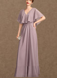 India A-Line V-neck Floor-Length Chiffon Mother of the Bride Dress With Ruffle UKP0015026