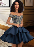 Savannah A-Line Off-the-Shoulder Short/Mini Satin Homecoming Dress With Lace UKP0015051